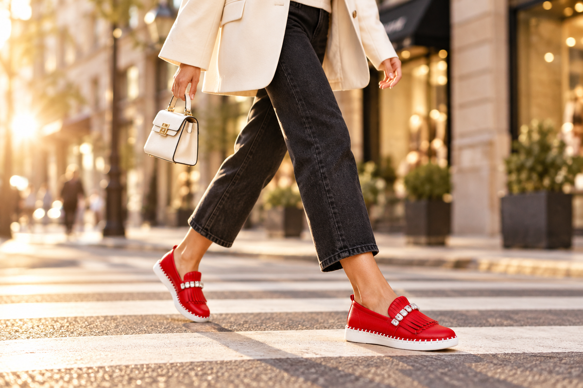 Lavish Collective Fringe Detail Leather Loafer — Red