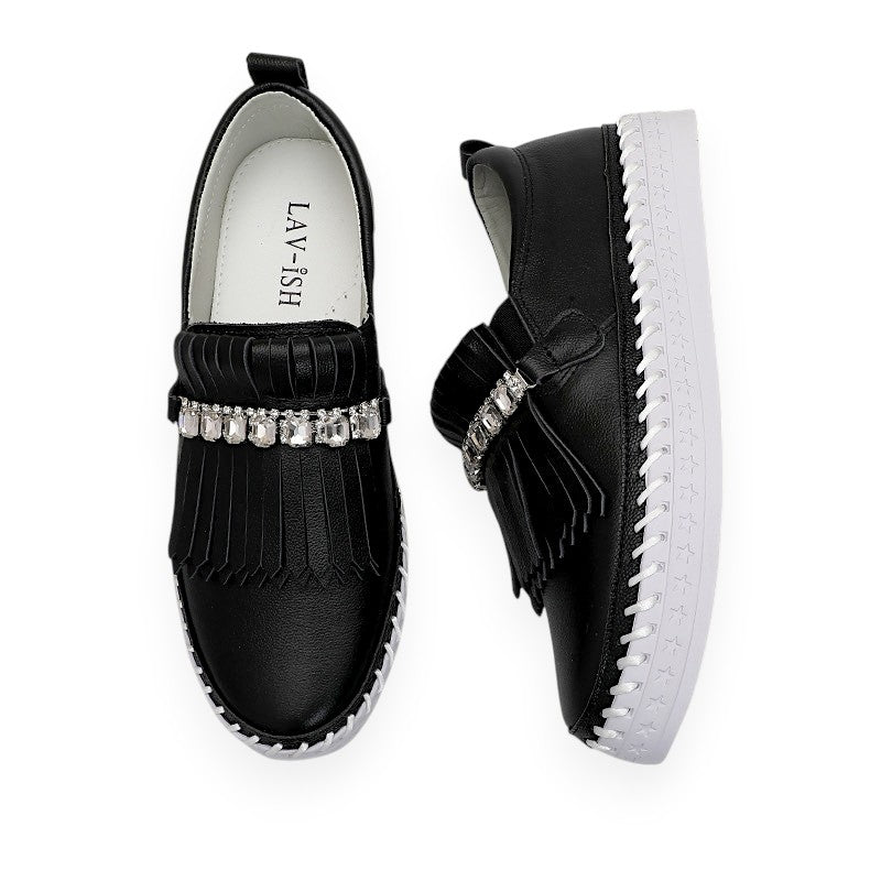 Lavish Collective Fringe Detail Leather Loafer — Black