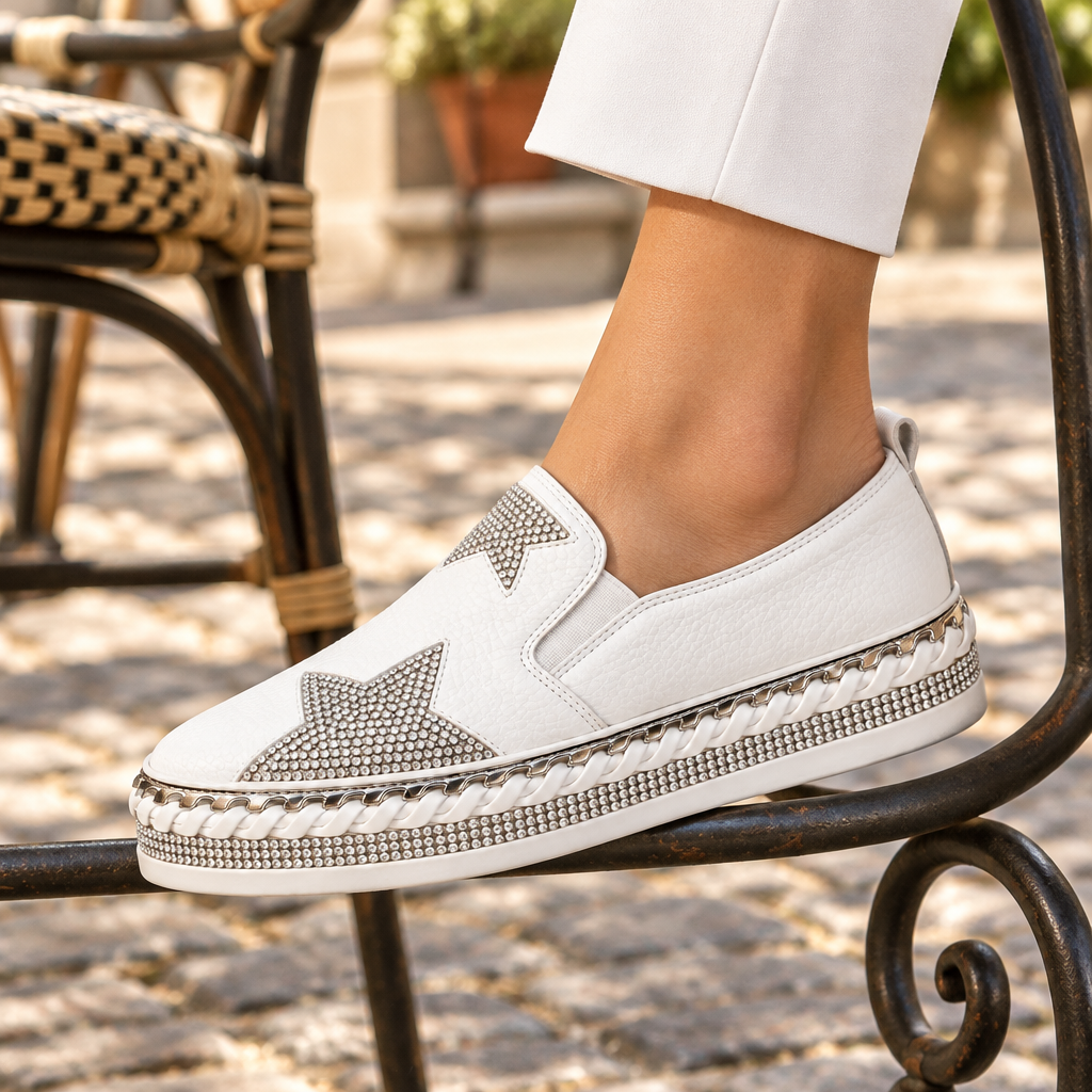 Lavish Collective Crystal Star Leather Sneakers — White