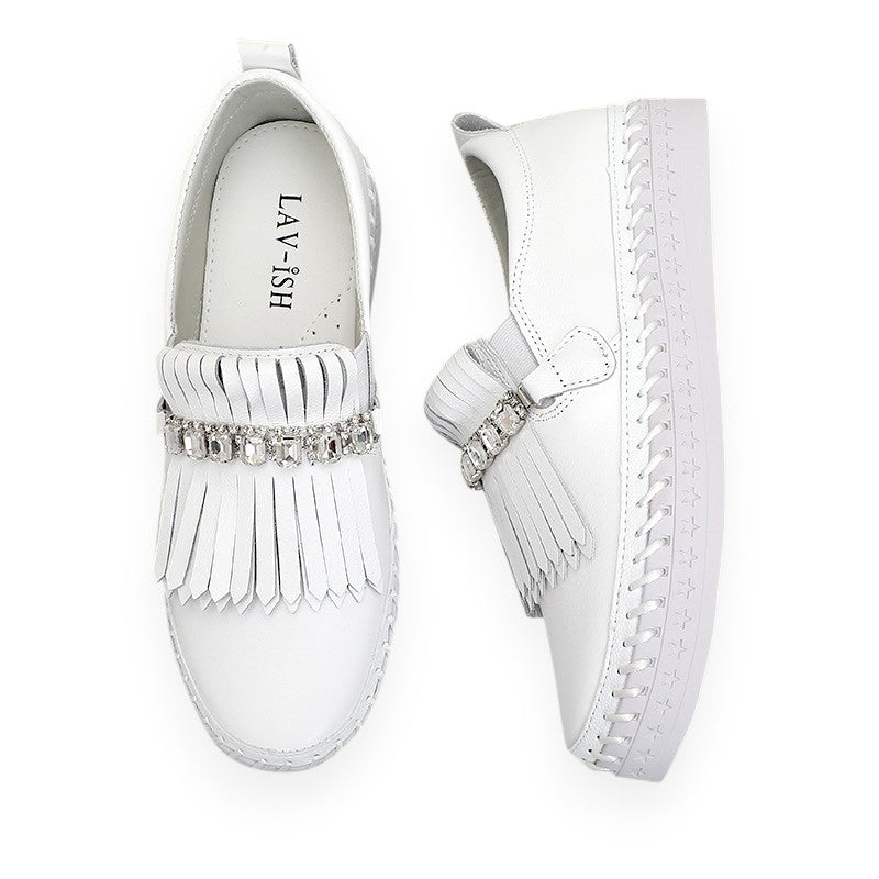 Lavish Collective Fringe Detail Leather Loafer — White