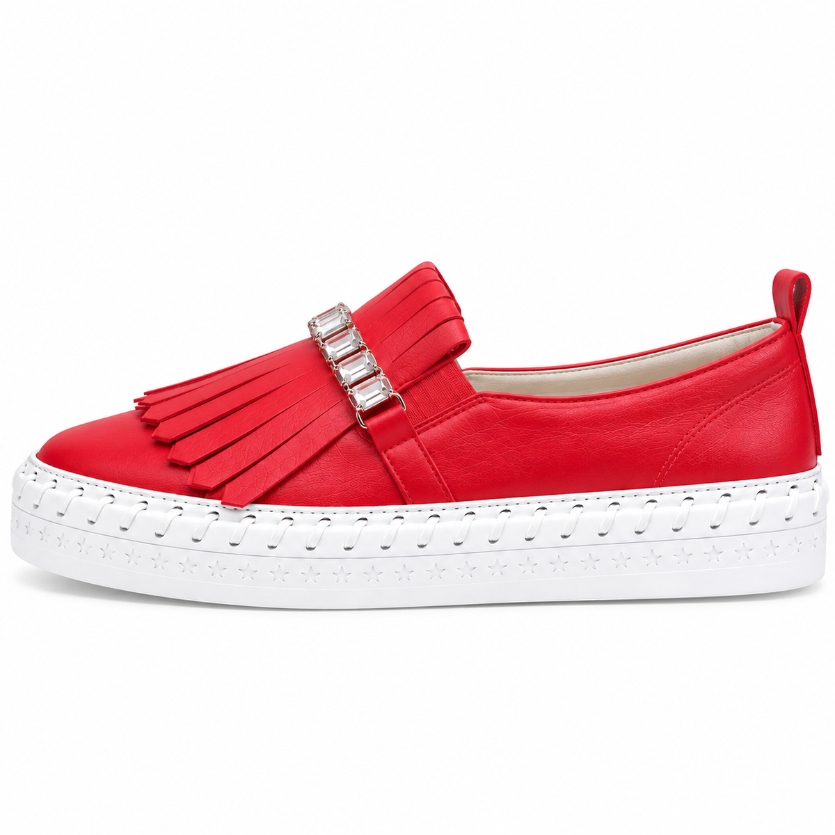 Lavish Collective Fringe Detail Leather Loafer — Red