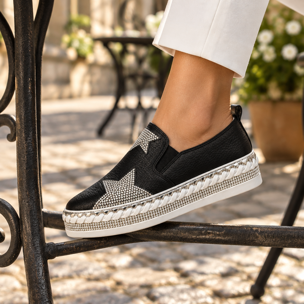 Lavish Collective Crystal Star Leather Sneakers — Black