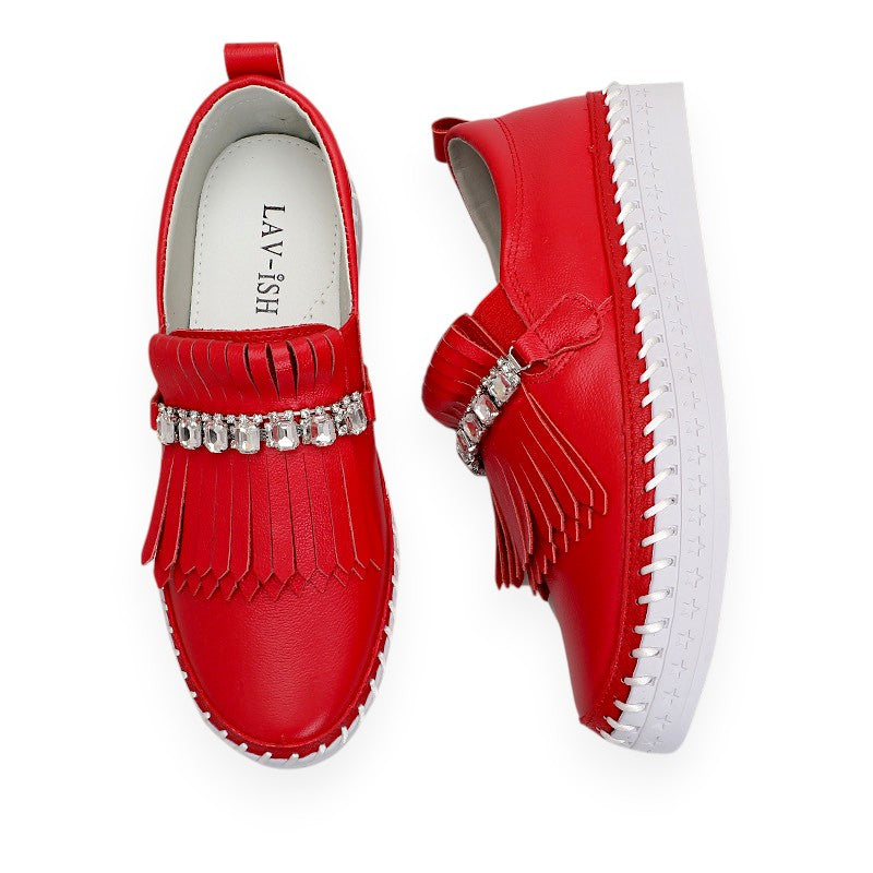 Lavish Collective Fringe Detail Leather Loafer — Red
