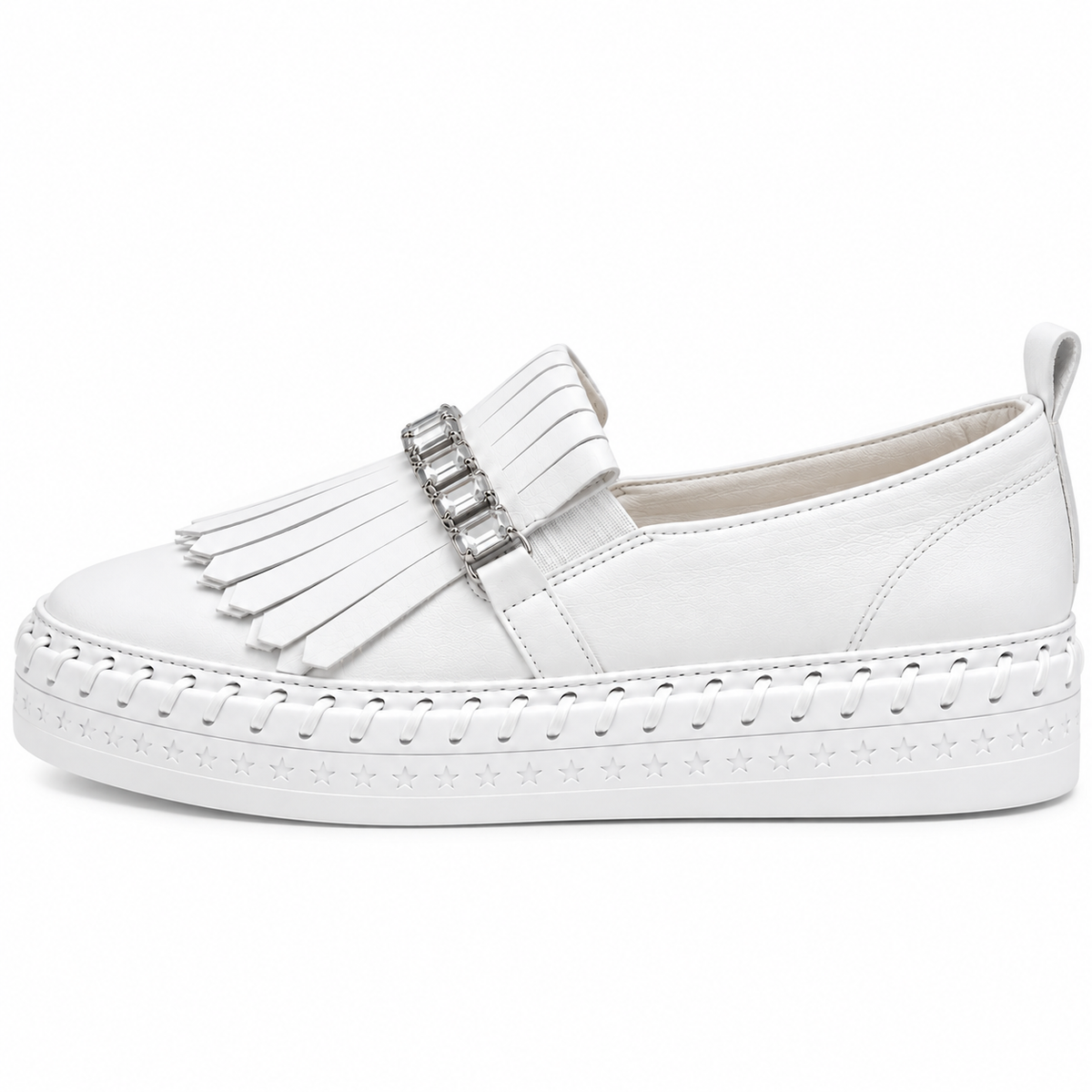 Lavish Collective Fringe Detail Leather Loafer — White