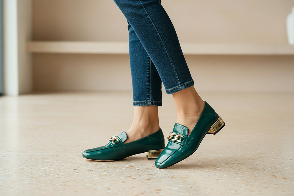 Lavish Collective Patent Leather Chain Loafer with Transparent Heel — Emerald