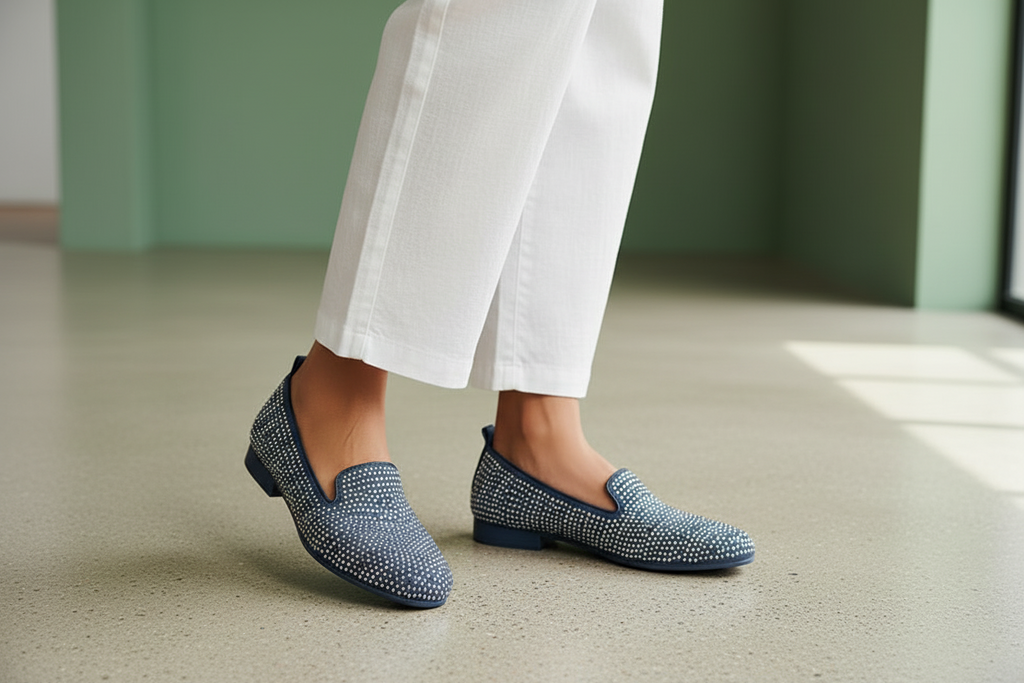 Grey Navy Diamante Suede Slip On