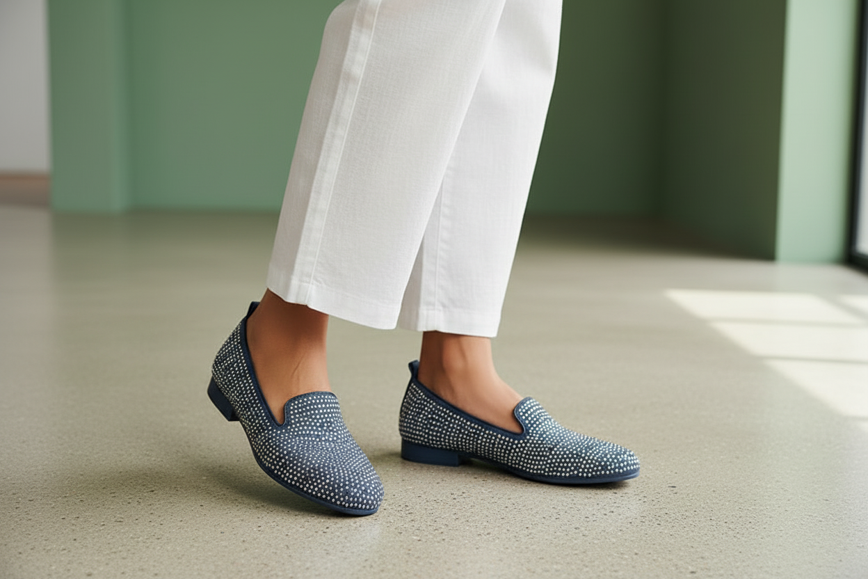 Grey Navy Diamante Suede Slip On