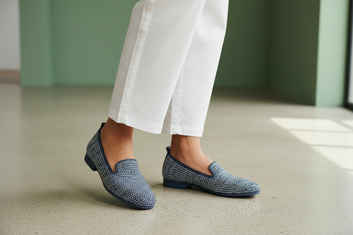 Grey Navy Diamante Suede Slip On