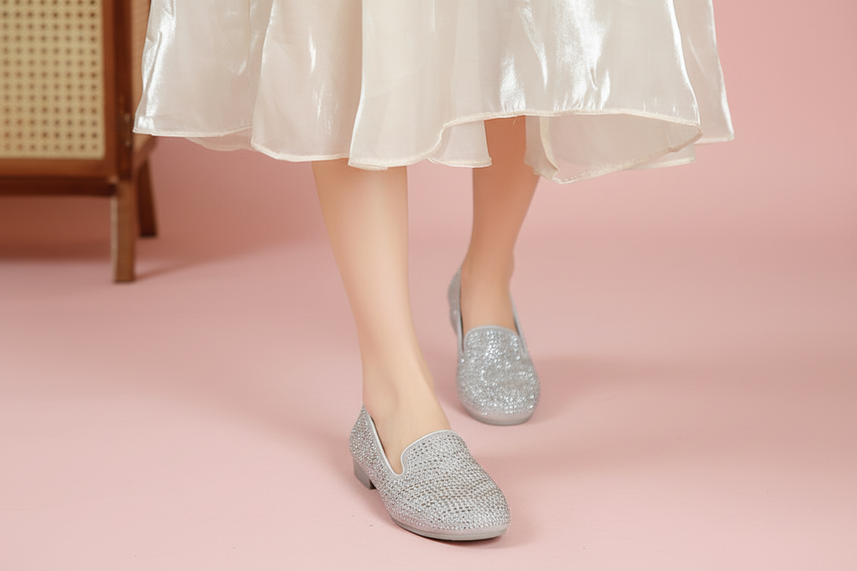 Silver Grey Diamante Suede Slip On