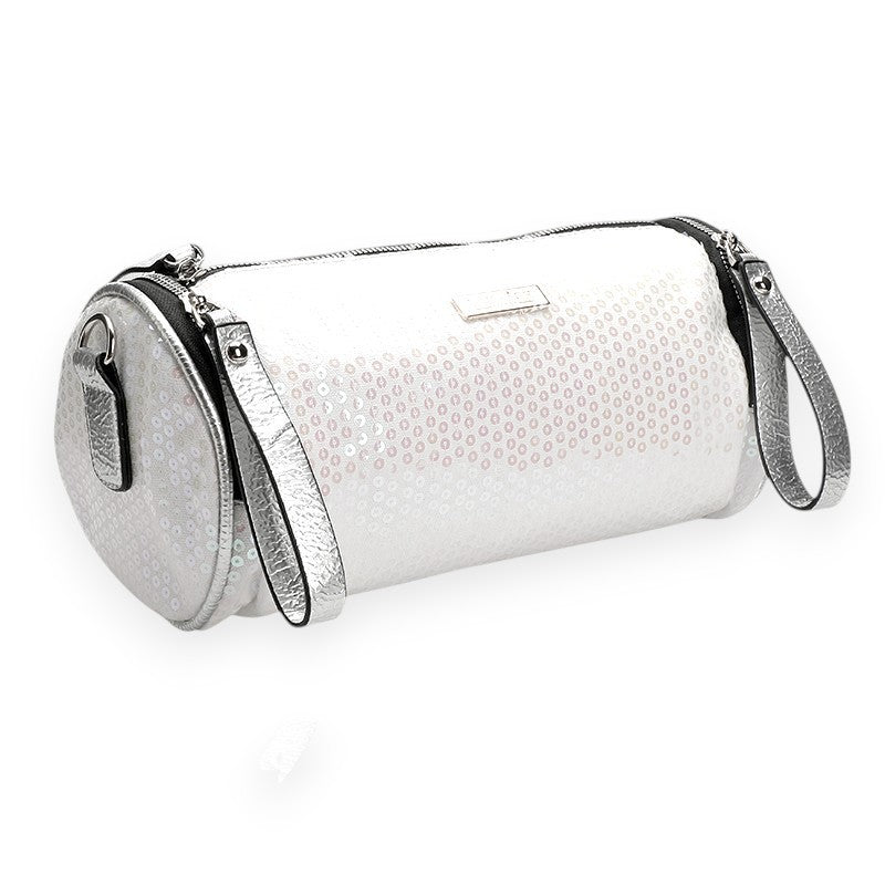 White Sequin Covered Barrel Bag