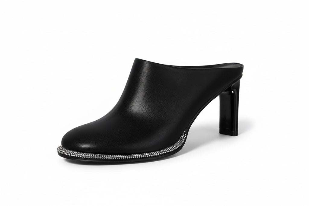 Black Crystal Sole Leather Mules