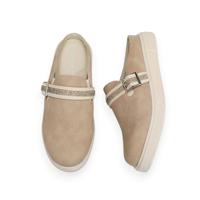 Lavish Bling Cross Strap Comfort Mules —Latte