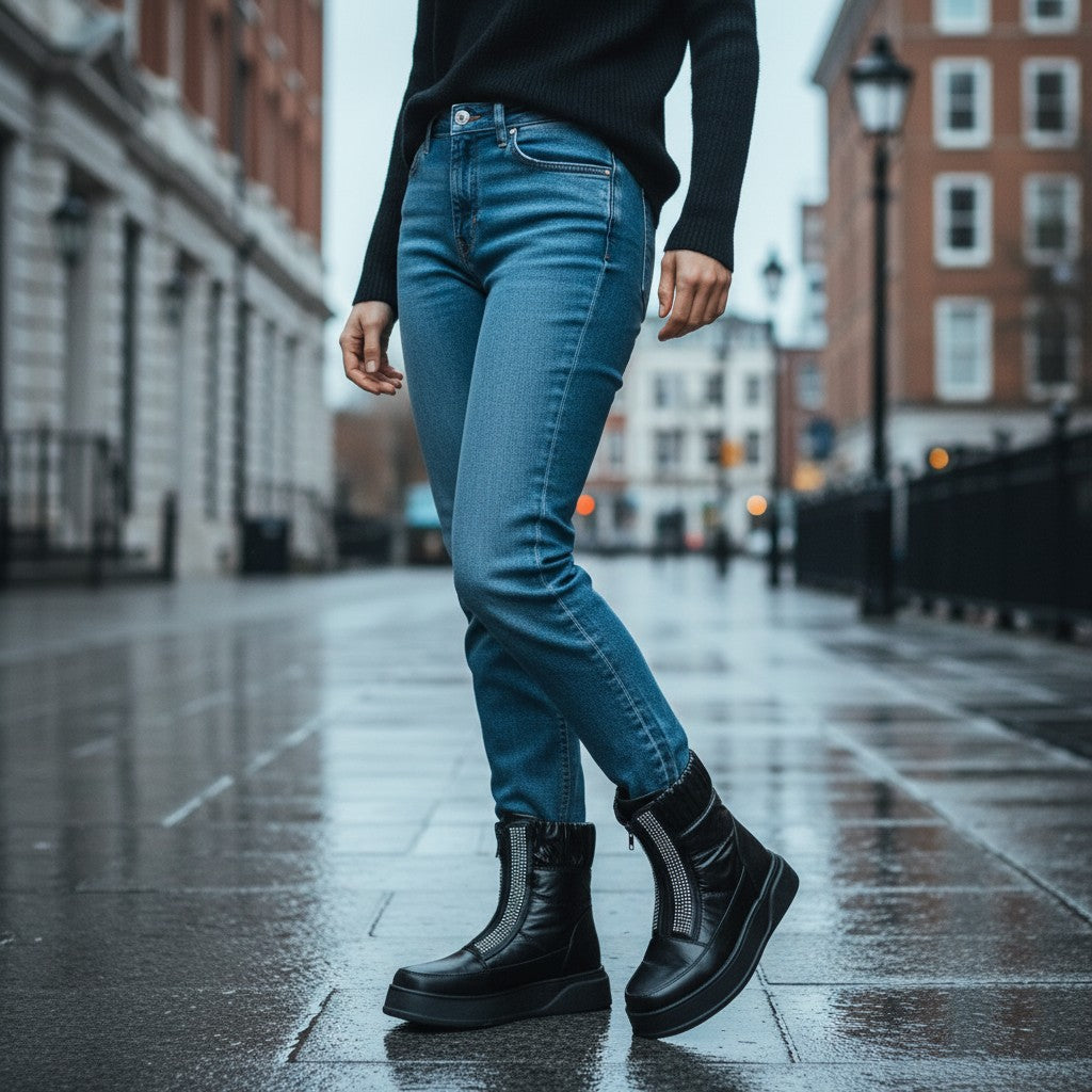 Black Puff Zip Up Boots