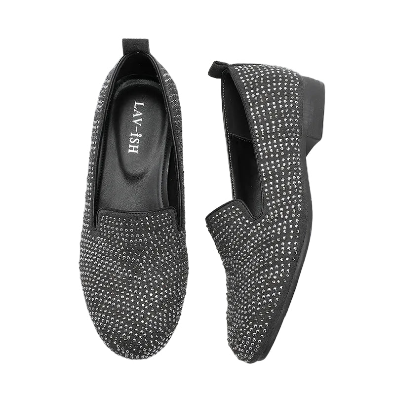 Grey Navy Diamante Suede Slip On