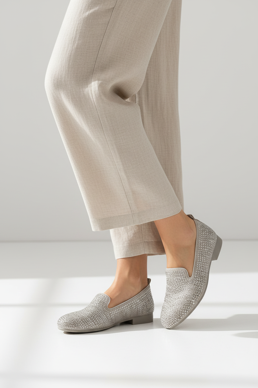 Silver Grey Diamante Suede Slip On