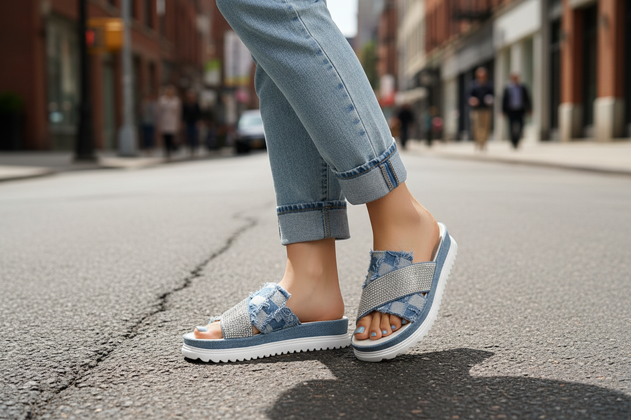 Denim Cross Bling Sandals