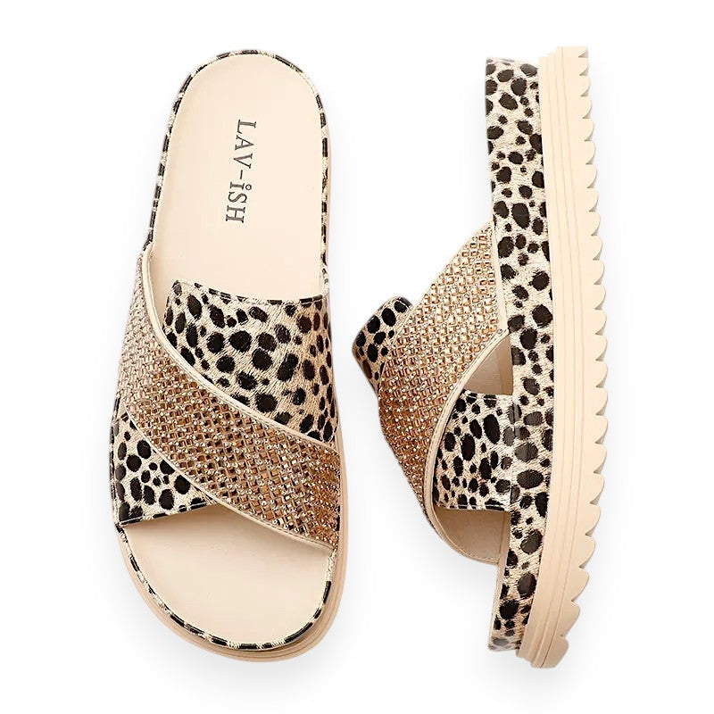 Leopard Cross Bling Sandals
