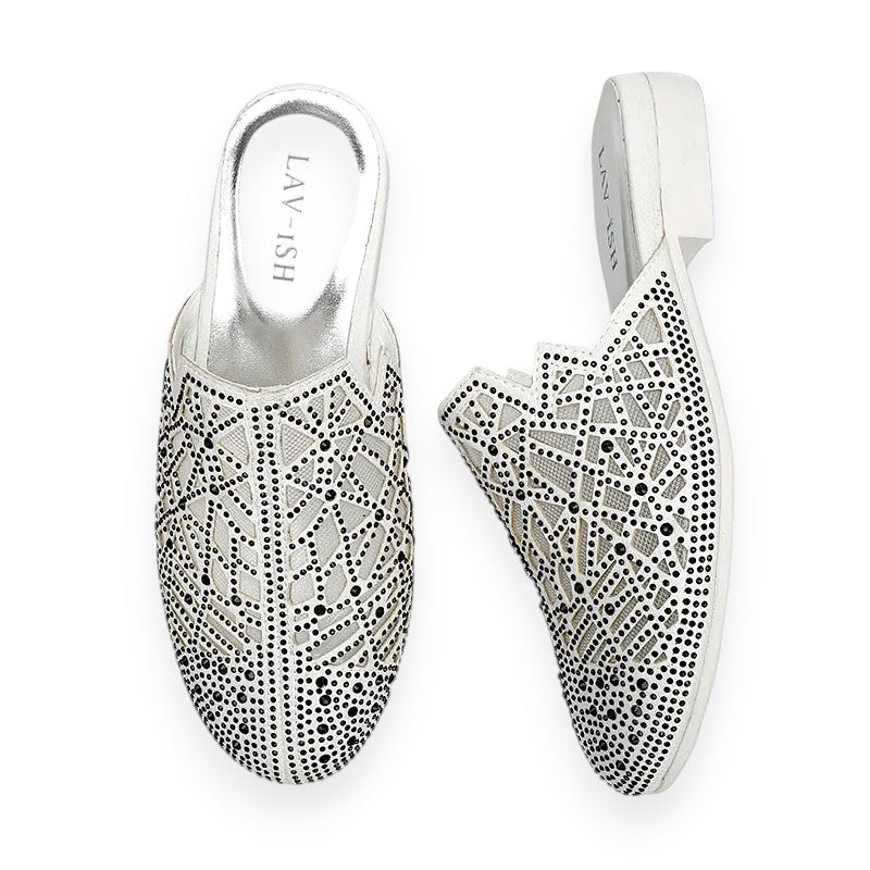 White Lasercut Rhinestone Sandals