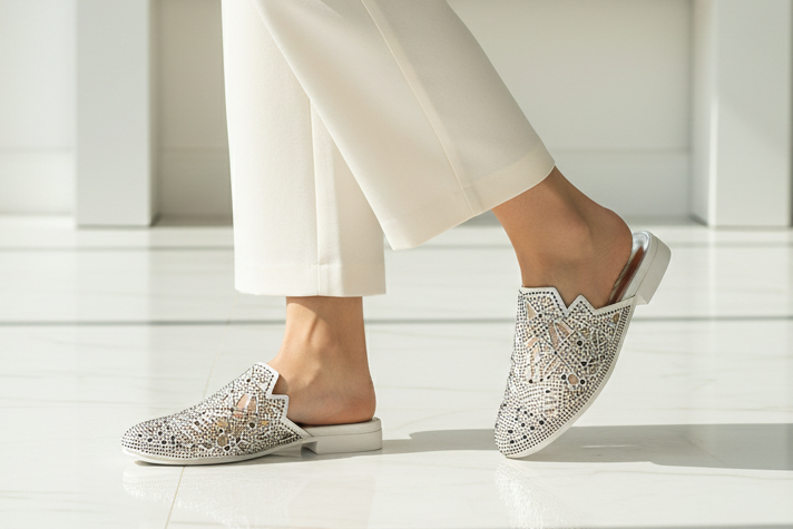 White Lasercut Rhinestone Sandals