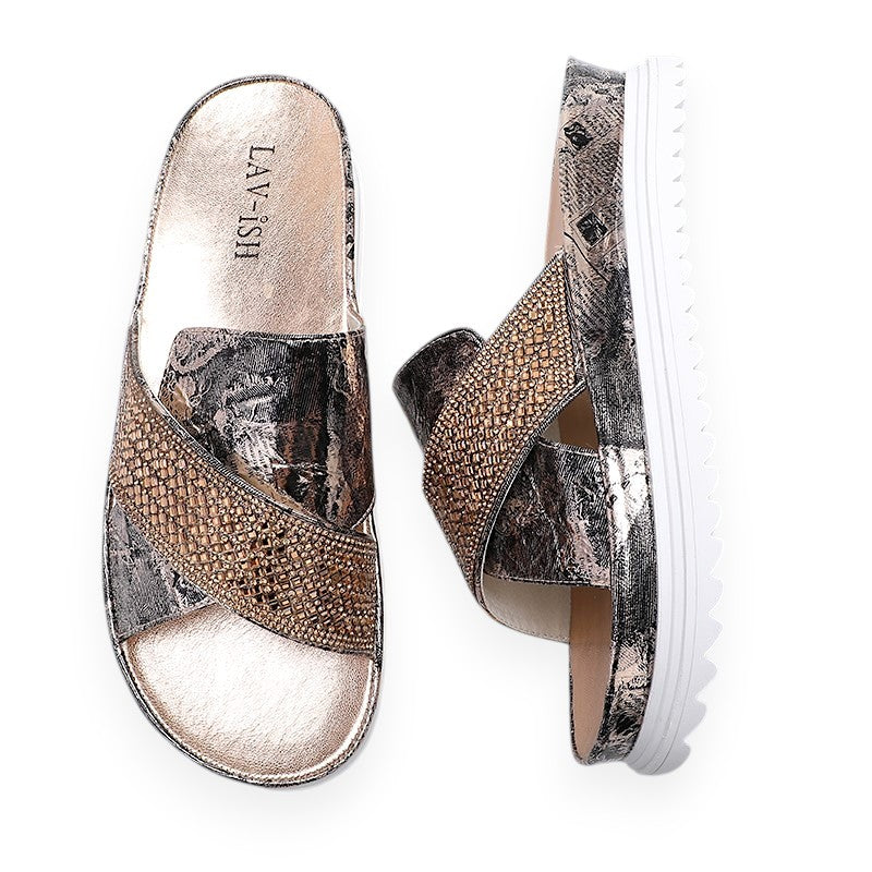 Lavish Collective Newspaper Print Sandals — Gold
