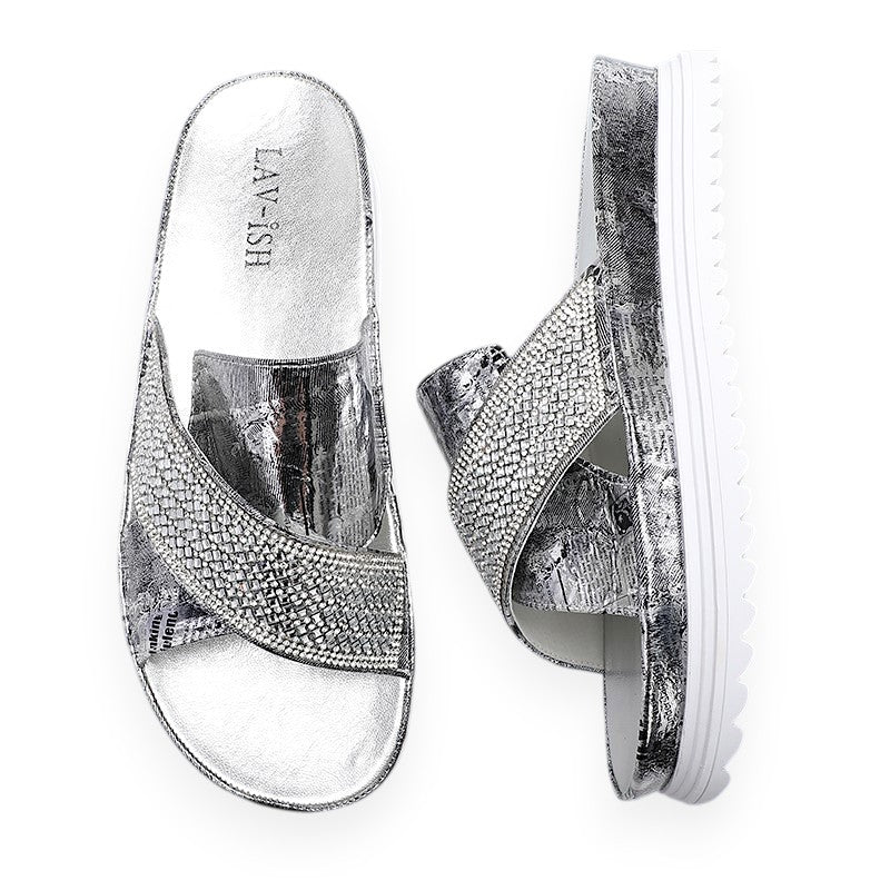 Lavish Collective Newspaper Print Sandals — Silver