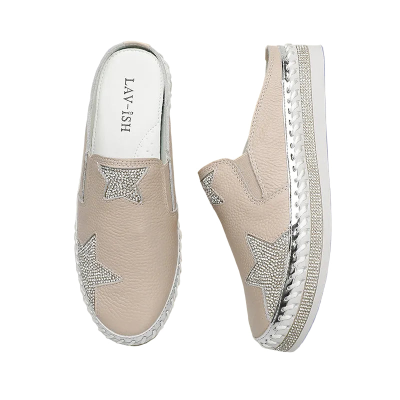Lavish Collective Leather Rhinestone Star Slide Sandal — Beige