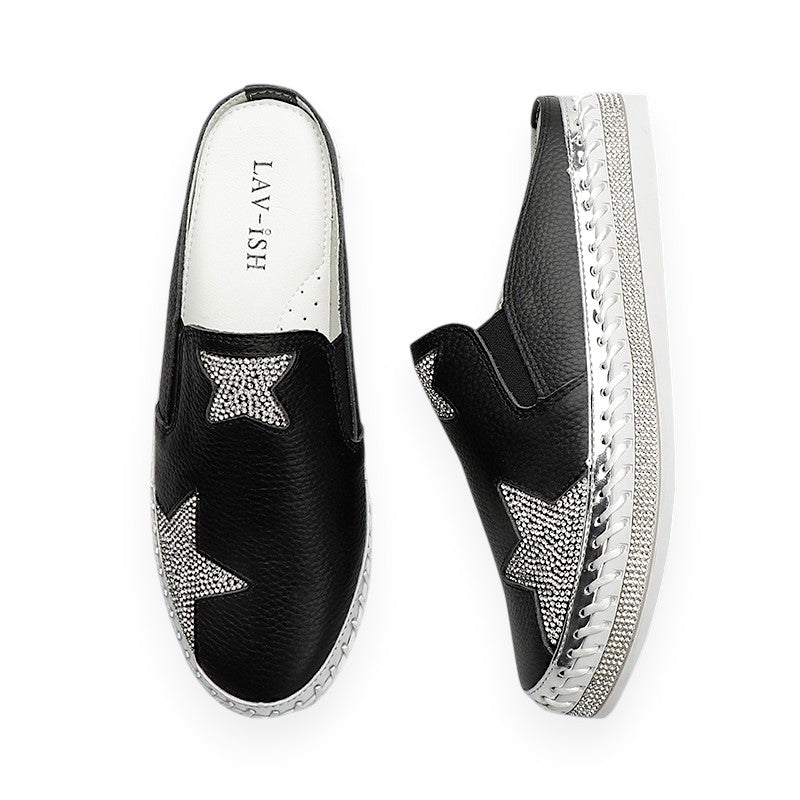 Lavish Collective Rhinestone Star Leather Slides — Black