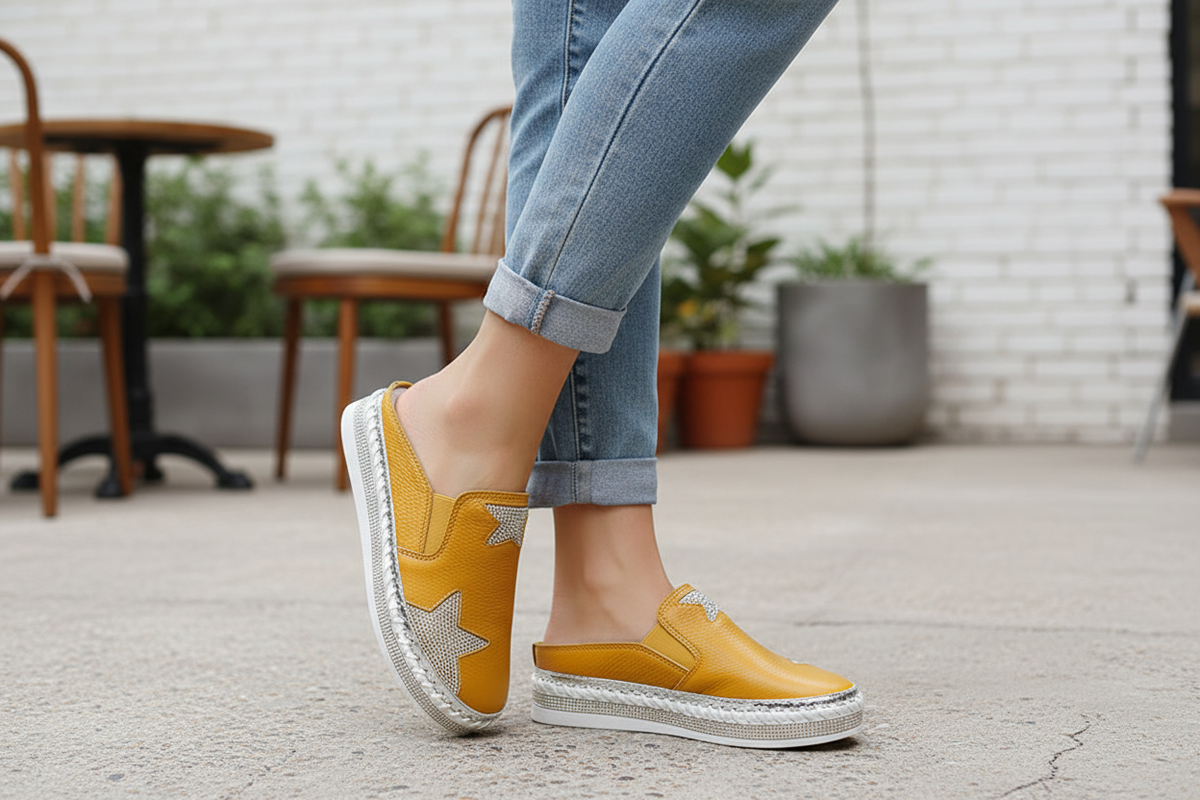 Lavish Collective Leather Rhinestone Star Slide Sandal — Mustard