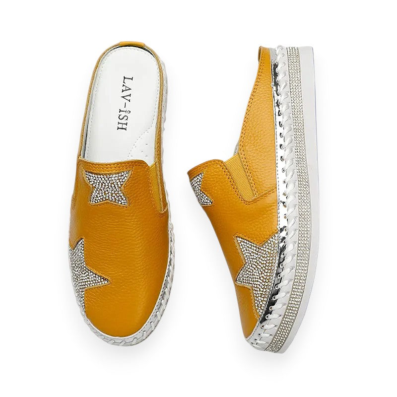 Lavish Collective Leather Rhinestone Star Slide Sandal — Mustard