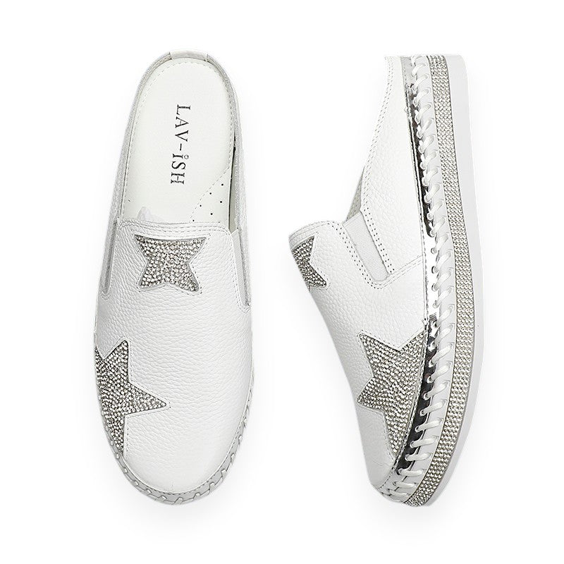 Lavish Collective Rhinestone Star Leather Slides — White