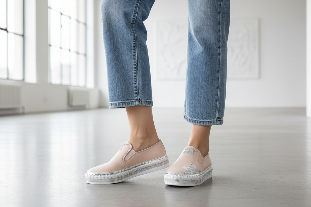 Lavish Collective Leather Rhinestone Star Slide Sandal — Blush