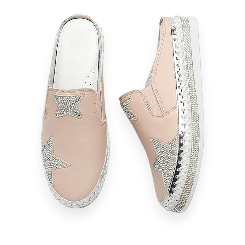 Lavish Collective Leather Rhinestone Star Slide Sandal — Blush