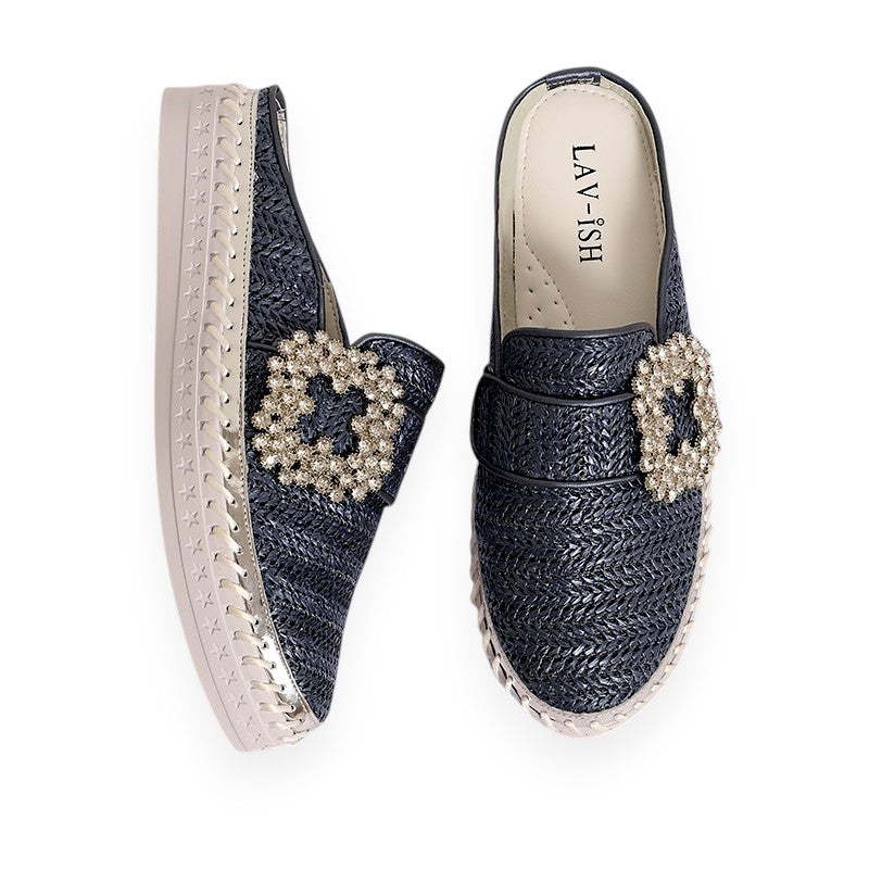 Lavish Collective Luna Linen Slides — Navy