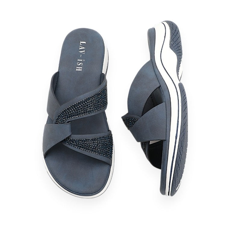 Lavish Collective Skye Lux Strap Slides — Navy