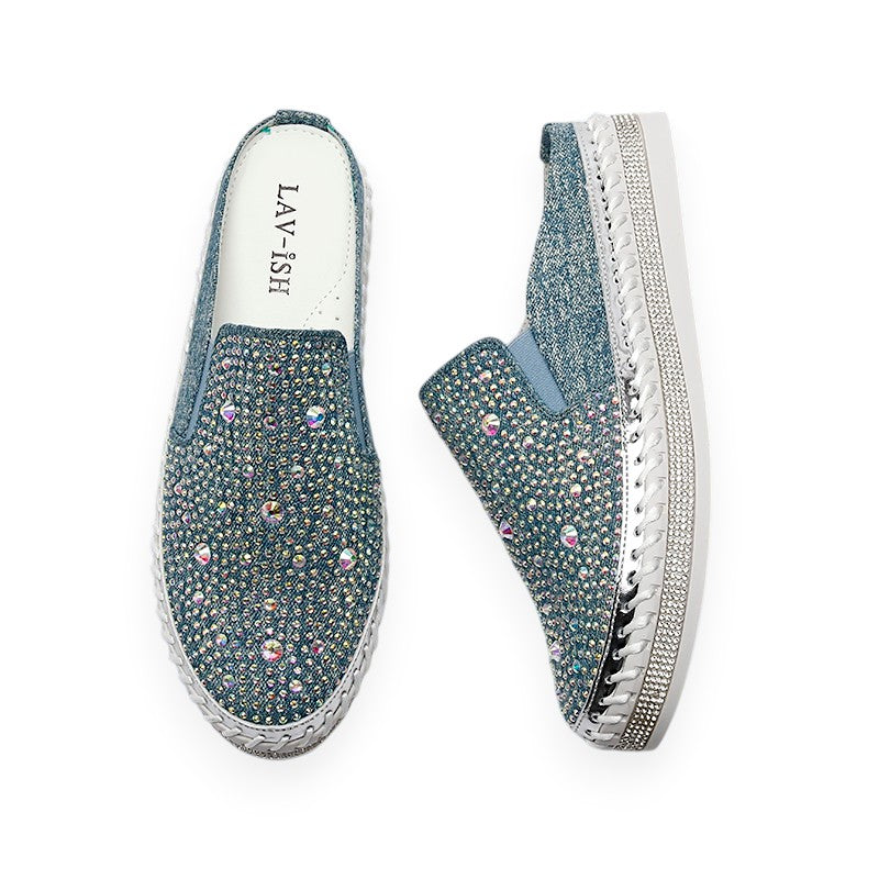 Lavish Collective Rhinestone Sparkle Denim Slides — Light Denim