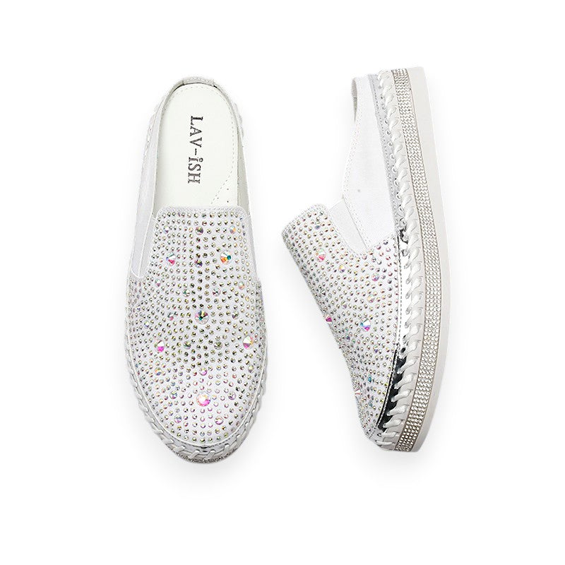 Lavish Collective Rhinestone Sparkle Denim Slides — White