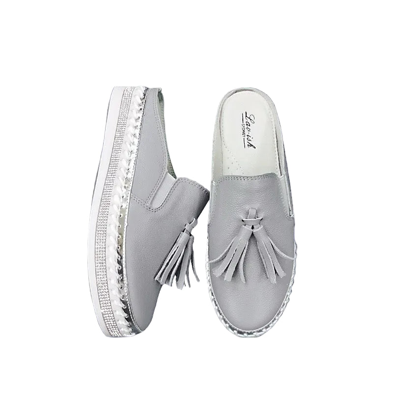 Grey Leather Tassel Slide