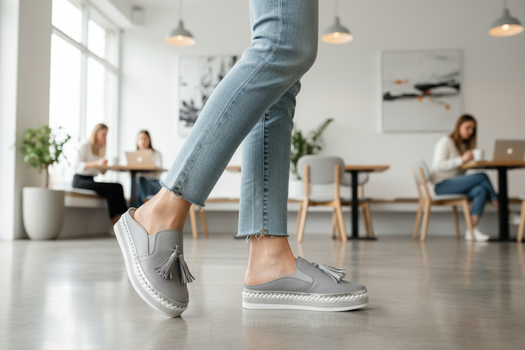 Grey Leather Tassel Slide