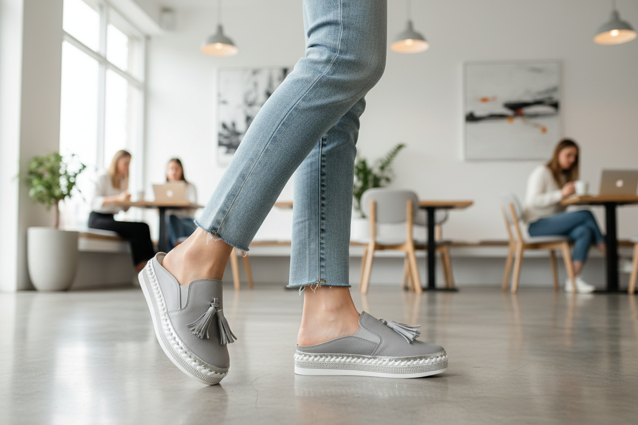 Grey Leather Tassel Slide