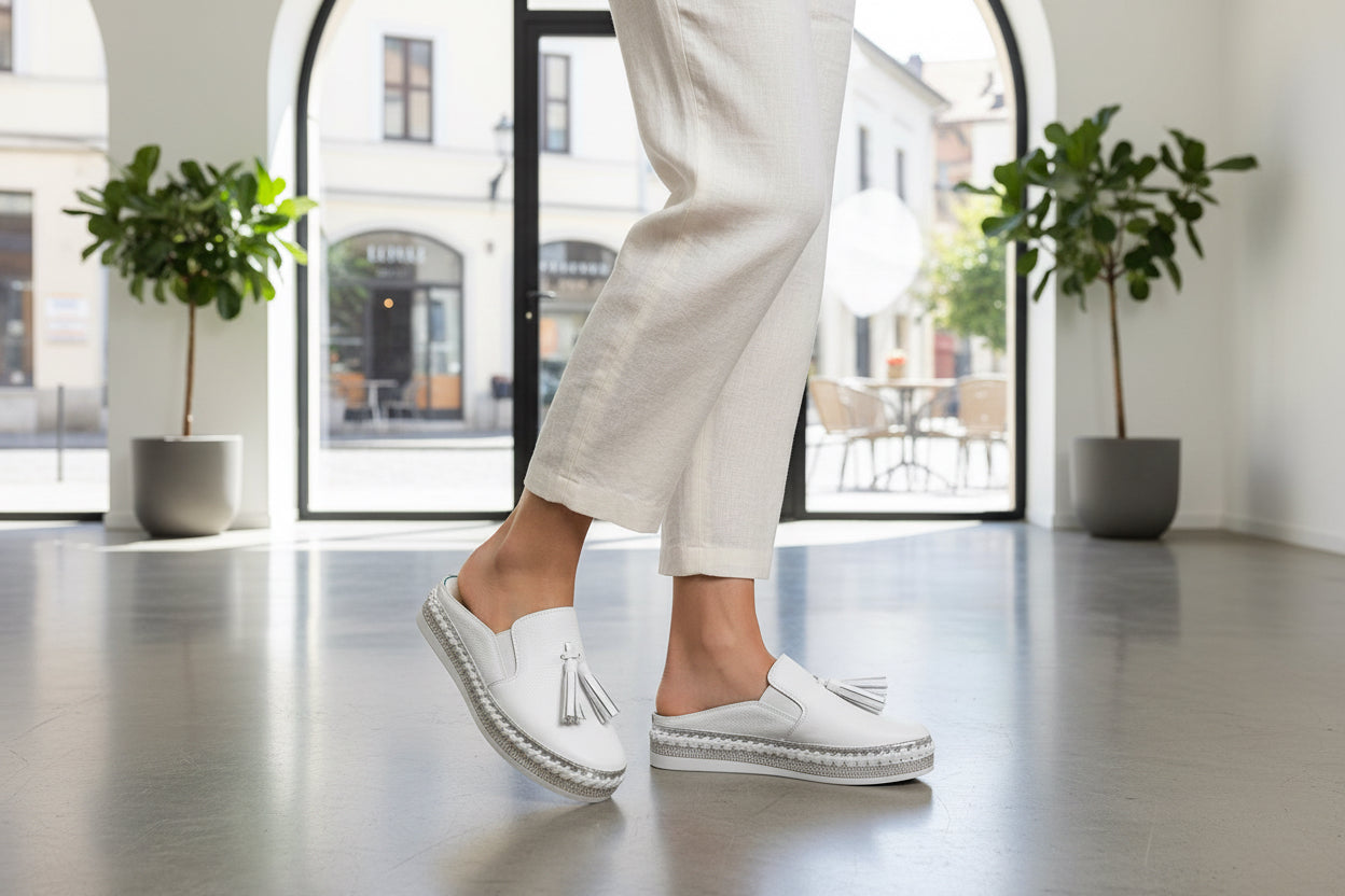White Leather Tassel Slide