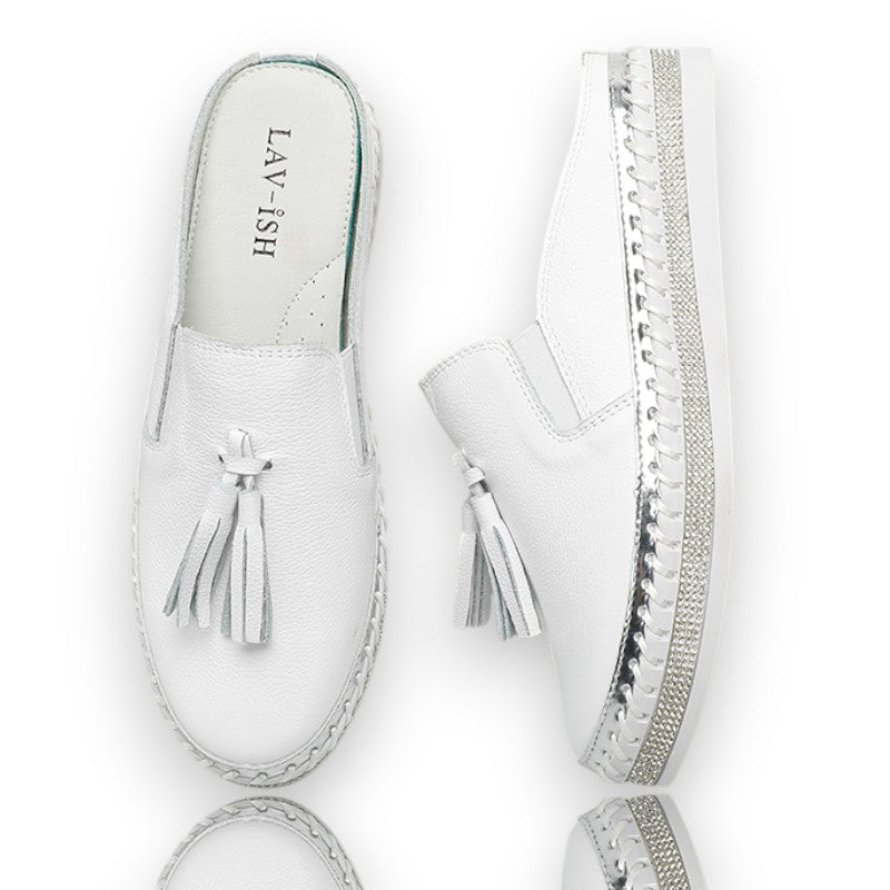 White Leather Tassel Slide