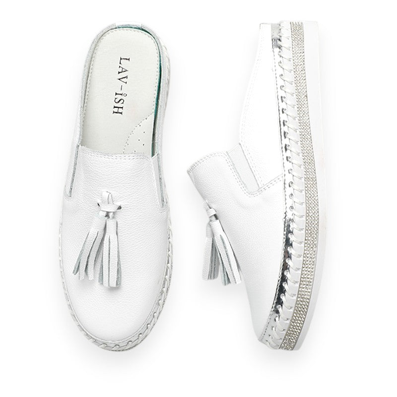 White Leather Tassel Slide