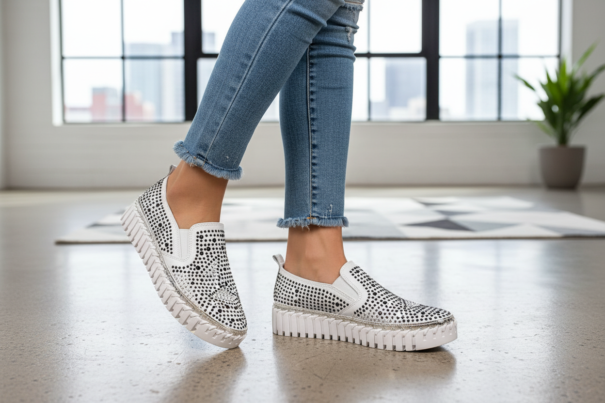 White Denim Star Studded Sneakers