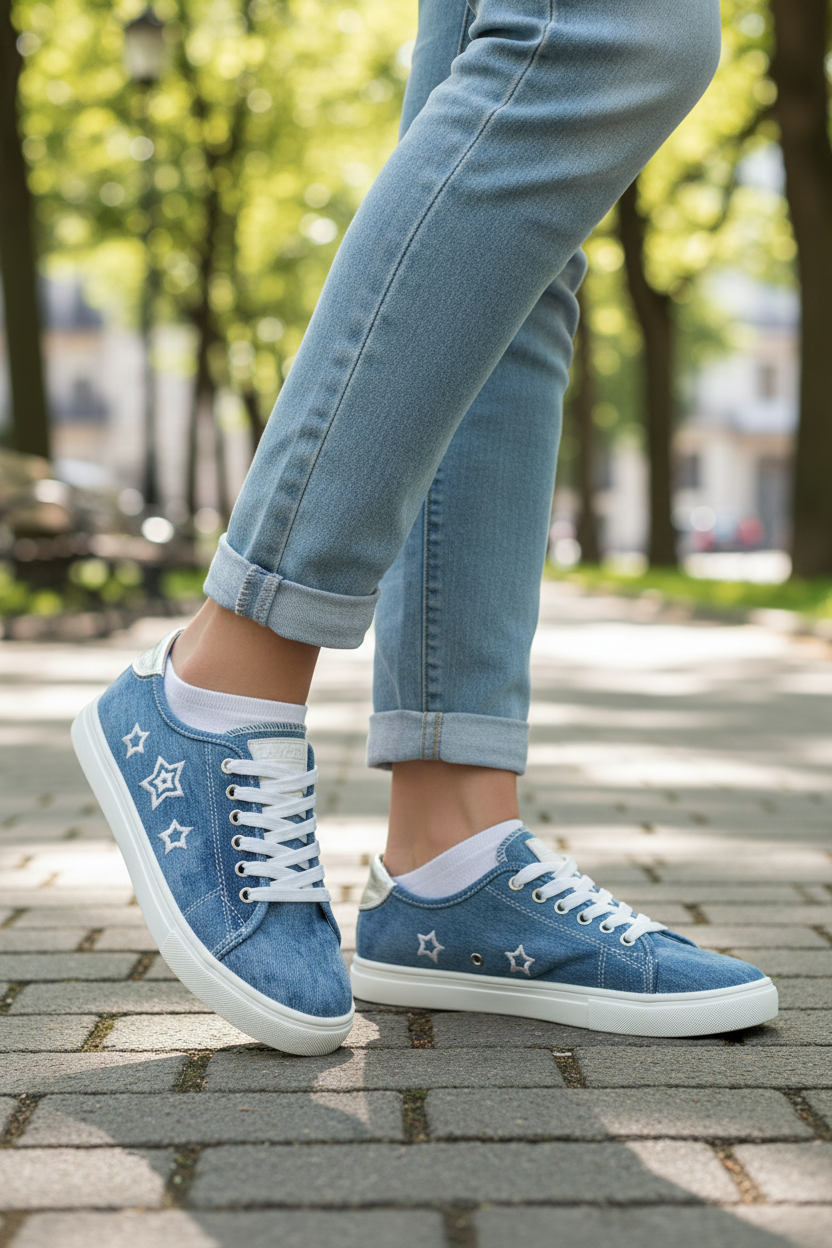Denim Canvas Star Embroidered Sneakers