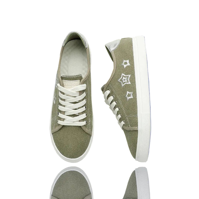 Khaki Canvas Star Embroidered Sneakers