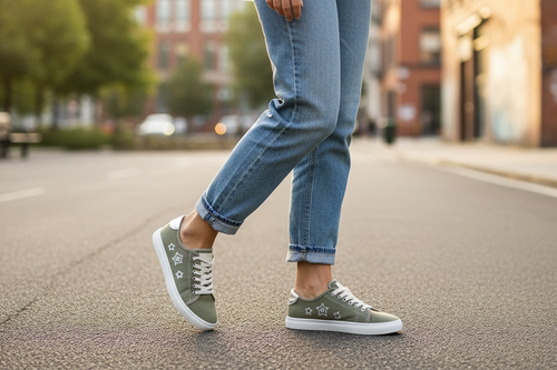 Lavish Collective Canvas Embroidered Star Metallic Heel Sneaker — Khaki