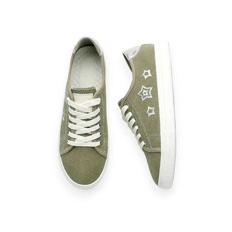 Khaki Canvas Star Embroidered Sneakers
