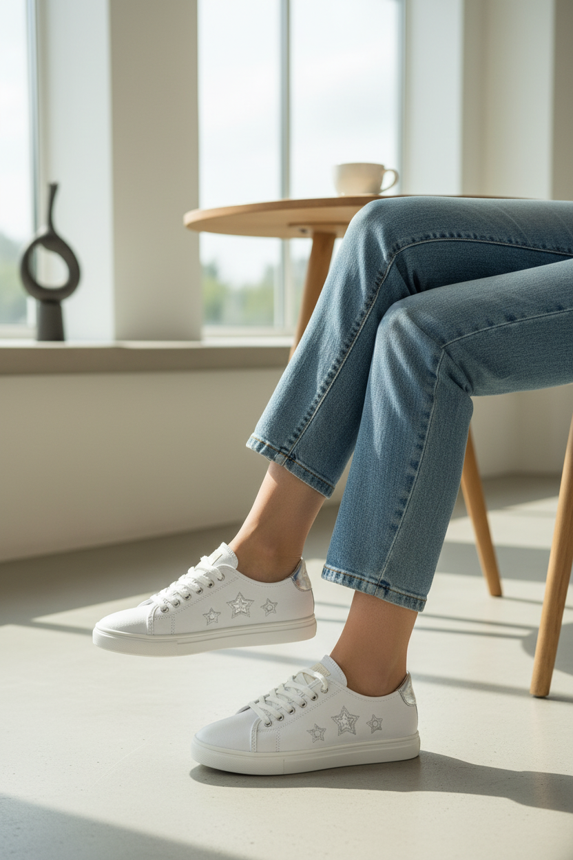 White Canvas Star Embroidered Sneakers