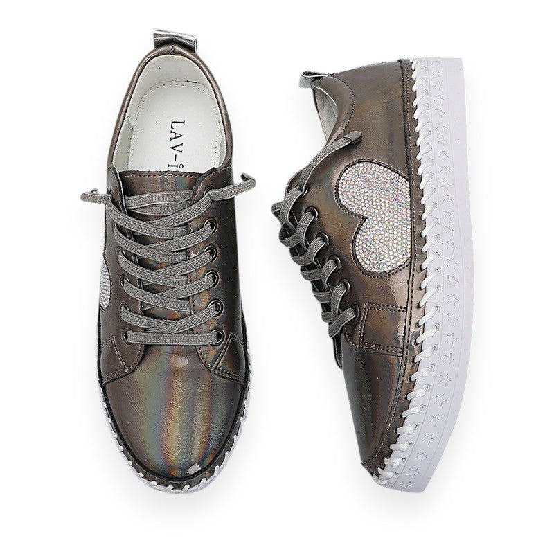 Lavish Embellished Heart Sneakers — Pewter