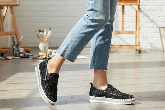 Black Sparkle Lacy Slip-On